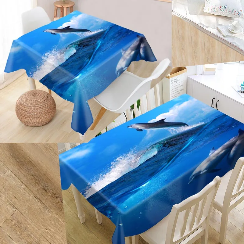 

Custom Dolphin Jumps Table Cloth Oxford Fabric Rectangular Waterproof Oilproof Table Cover Family Party Tablecloth