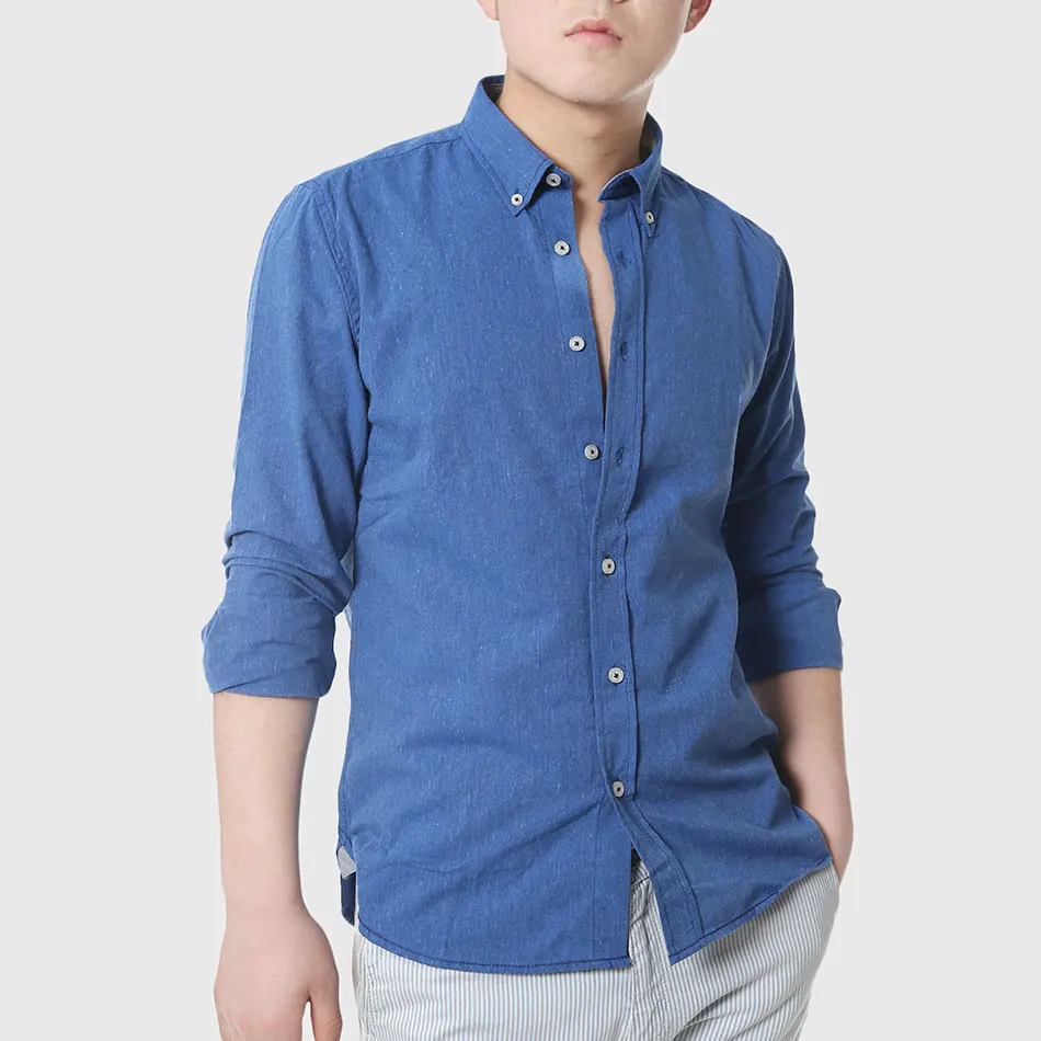 Мужская джинсовая рубашка с длинным рукавом зеленая Однотонная из хлопка и льна