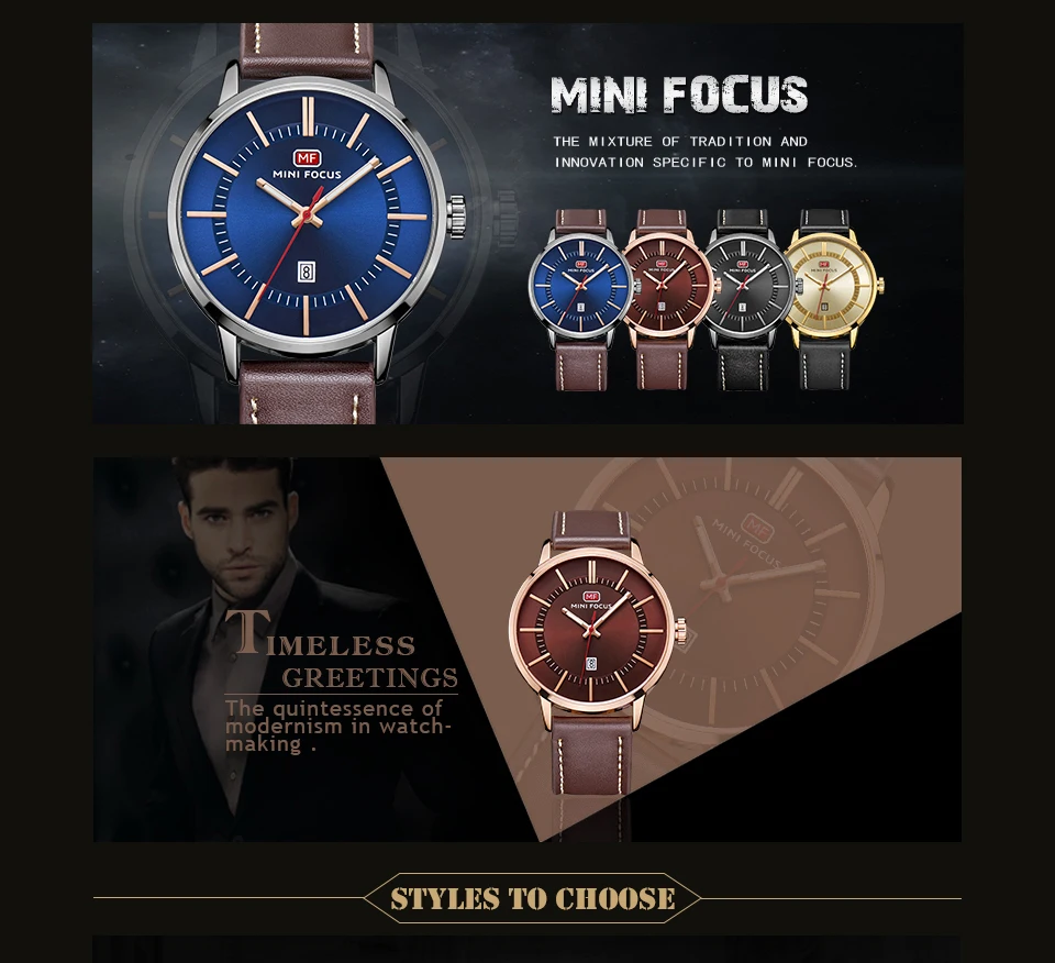 MINIFOCUS модные часы Для мужчин кварцевые Ocean синий циферблат ремень из натуральной