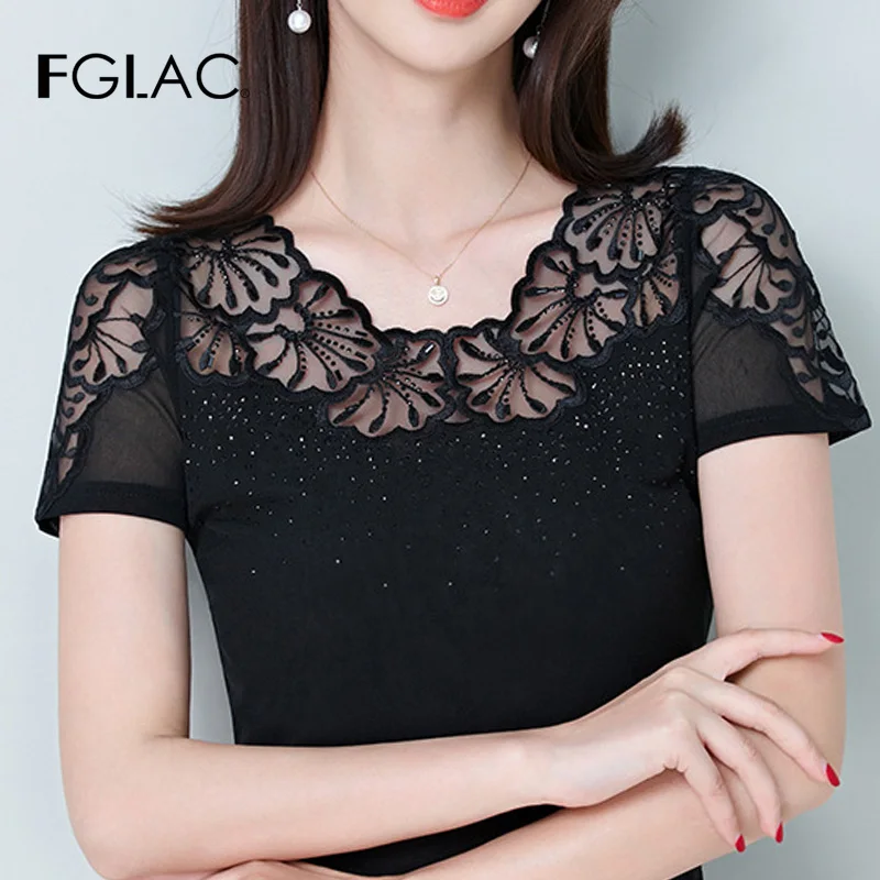 Женская кружевная блузка FGLAC летняя черная ажурная с коротким рукавом и стразами