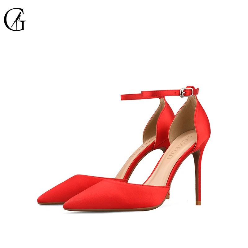 GOXEOU Women's Pumps Satin Ankle Strap D'Orsay Pointed Toe High Heels Party Sexy Nightclub Fashion Office Lady Shoes Size 32-46