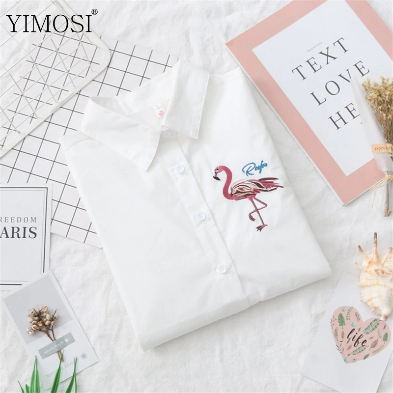 2019 Осенняя Женская Повседневная Блузка с вышивкой Фламинго белая блузка длинным