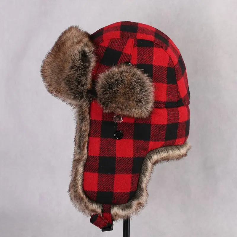 New Winter Artificial Plaid Bomber Hats Casual Men Bomber Hats Fur Hat European Style Outdoor Ear Flaps Cap For Men Women  A3740