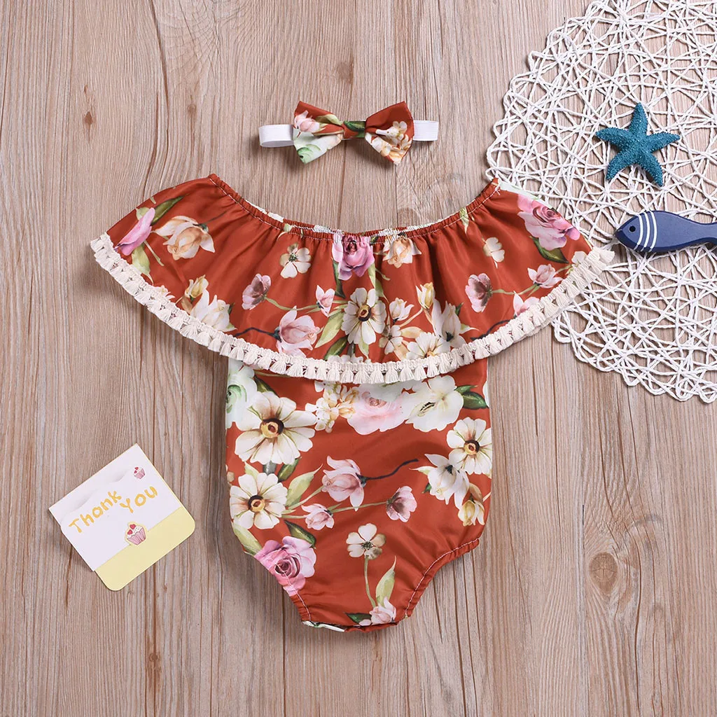 Детское боди для девочек хлопковый Летний комбинезон с оборками и цветочным