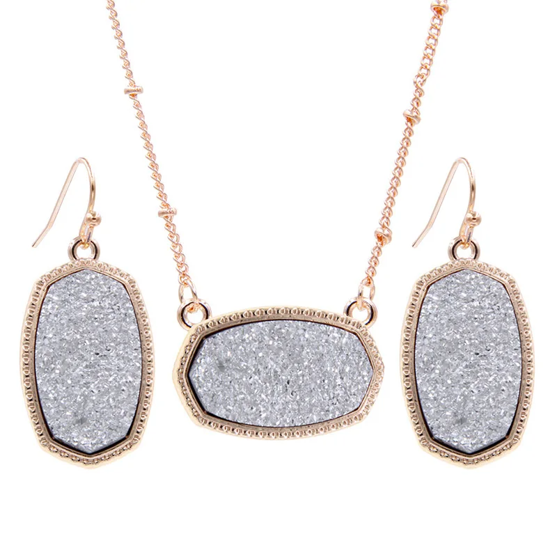 Осень YJX розовое золото цвет мини переливающийся Drusy Овальный кулон ожерелья с серьгами ювелирный набор блеск бутик - Окраска металла: Silver