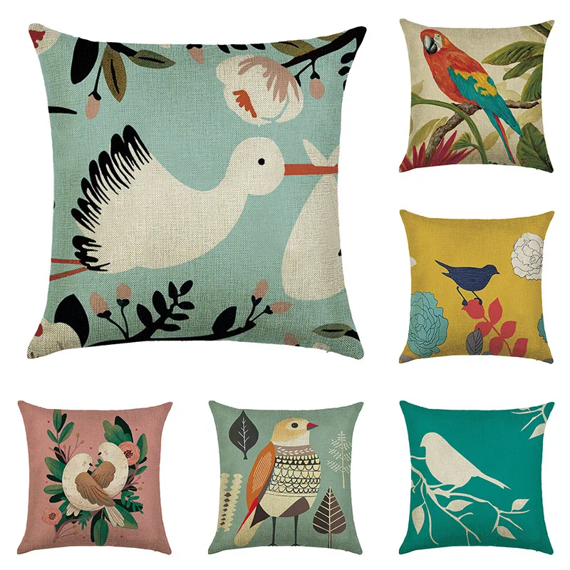 Cotton Linen Cushion Covers Flower Birds Pattern Pillows Cover Decorative Pillowcases For Home Sofa Office Chair Decor Car | Дом и сад
