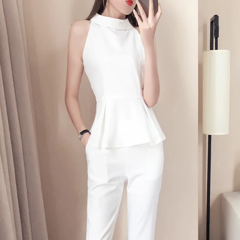 Женский комплект 2 шт. блузка без рукавов и широкие брюки костюм 2019 новые летние