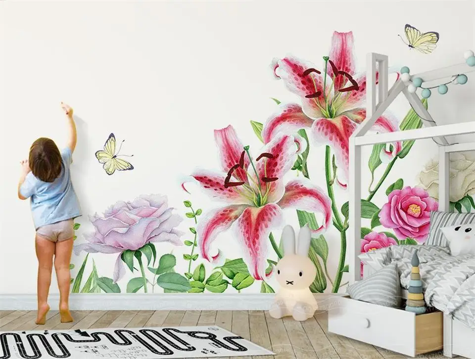 3d wallpaper photo custom kids room mural watercolor lily and rose painting sofa TV background for wall | Обустройство дома