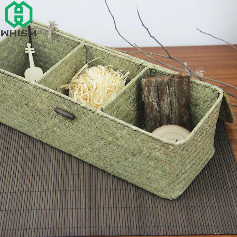 WHISM 3 Compartment Storage Box Wicker Rattan Basket With Cover Sundries Holder Case Container Jewelry Makeup Desktop Organizer