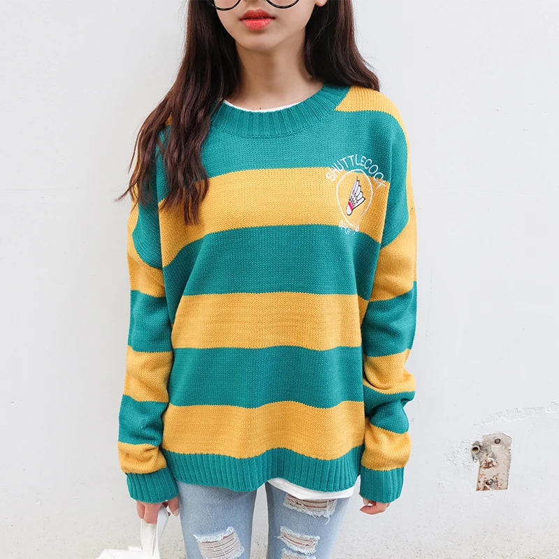 Harajuku Korean Swetaer Women Candy Color Stripe Cartoon Embroidery Loose Sweater Female Kawaii Cute Retro Knitted Jumper | Женская