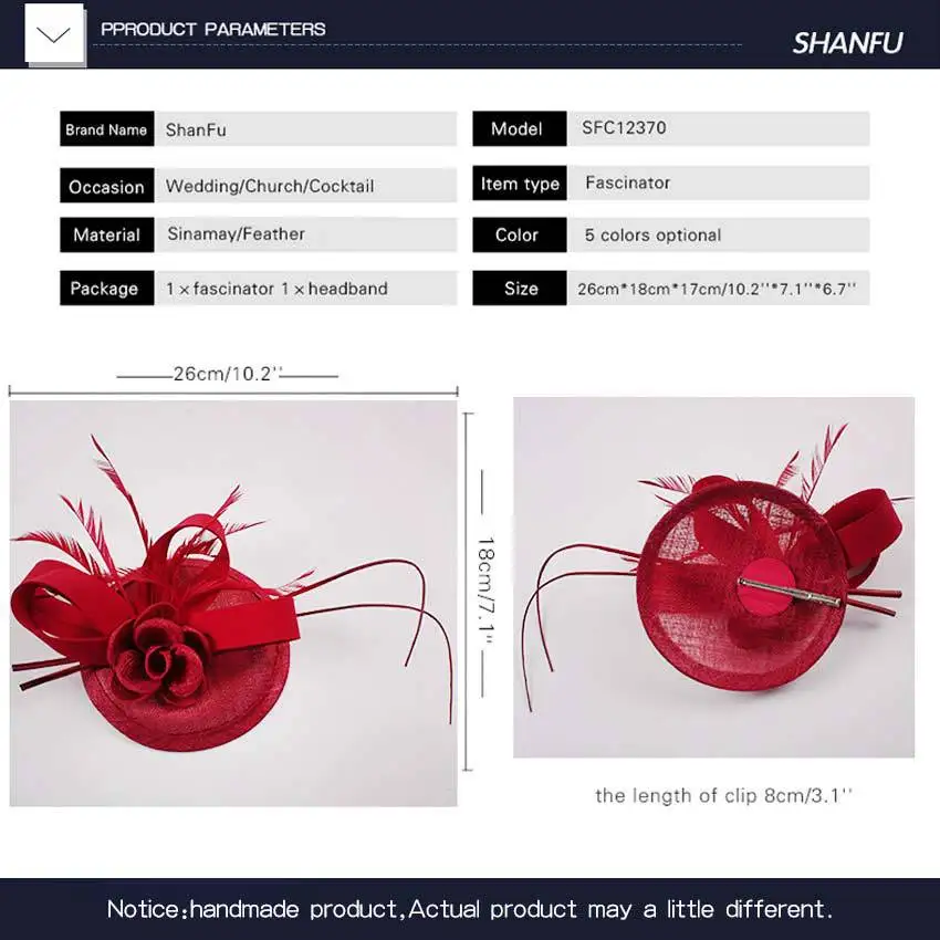 Женские Элегантные вуалетки ShanFu с перьями свадебные головные уборы красные