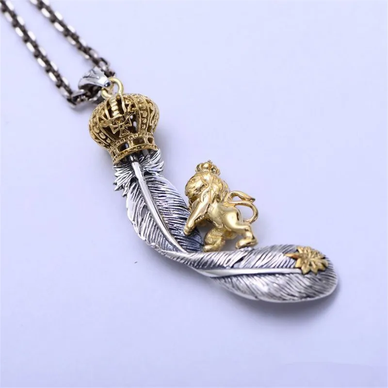 BESTLYBUY серебро 925 пробы Ретро Корона Лев кулон в виде пера для ожерелья мужское