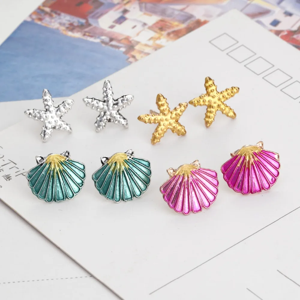 4Pairs/set 2018 Trendy Colorful Conch Stud Earring Seashell Earrings Women Beach Starfish Set Bohemian Jewelry | Украшения и