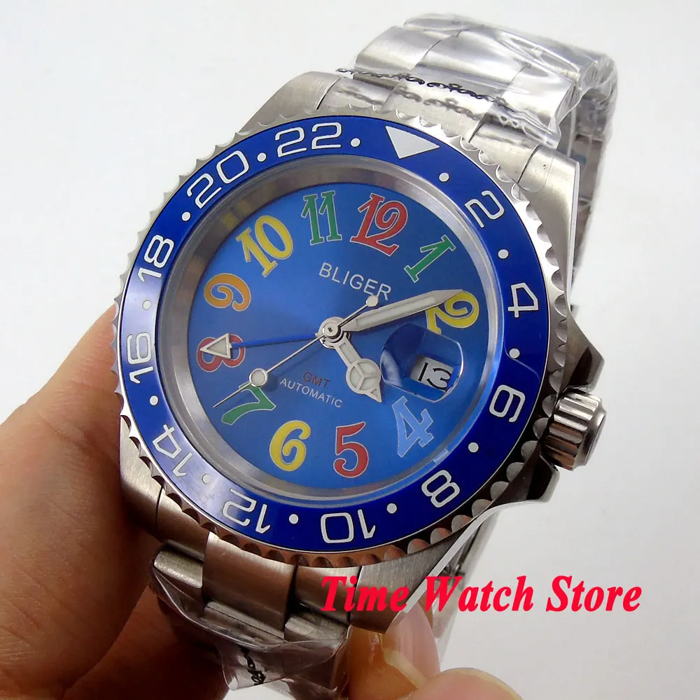 Bliger 40mm blue dial date colorful marks saphire glass Ceramic Bezel GMT Automatic movement Men's watch | Наручные часы