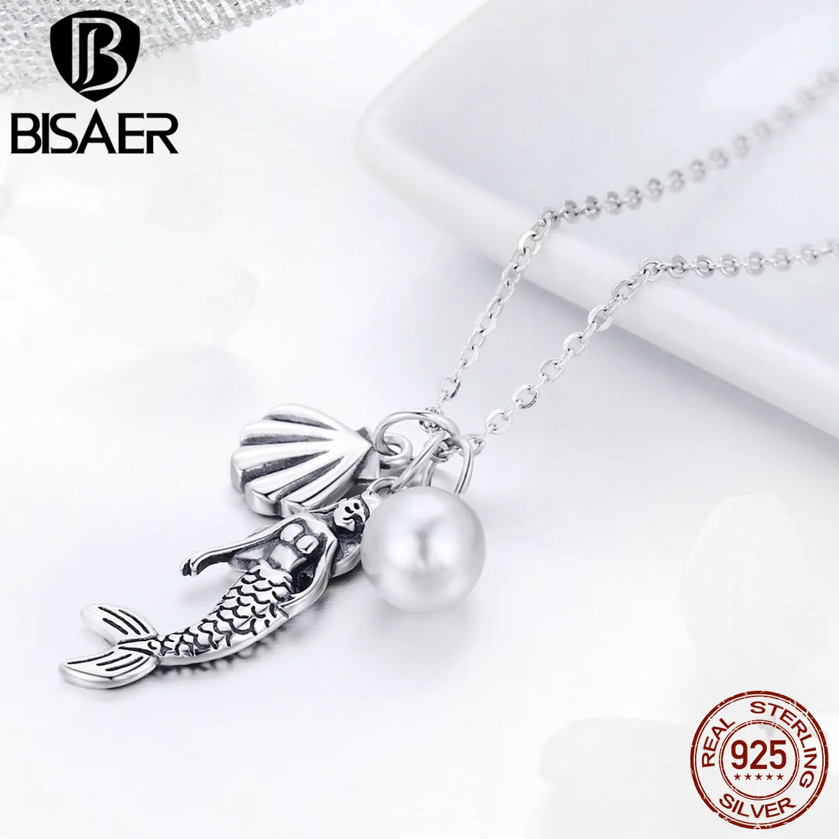 BISAER, Подлинная 925 пробы, серебряная Тройная подвеска, бохо, Русалка, жемчуг и раковина, цепочка, ожерелье для женщин, ювелирное изделие, подарок, HSN237