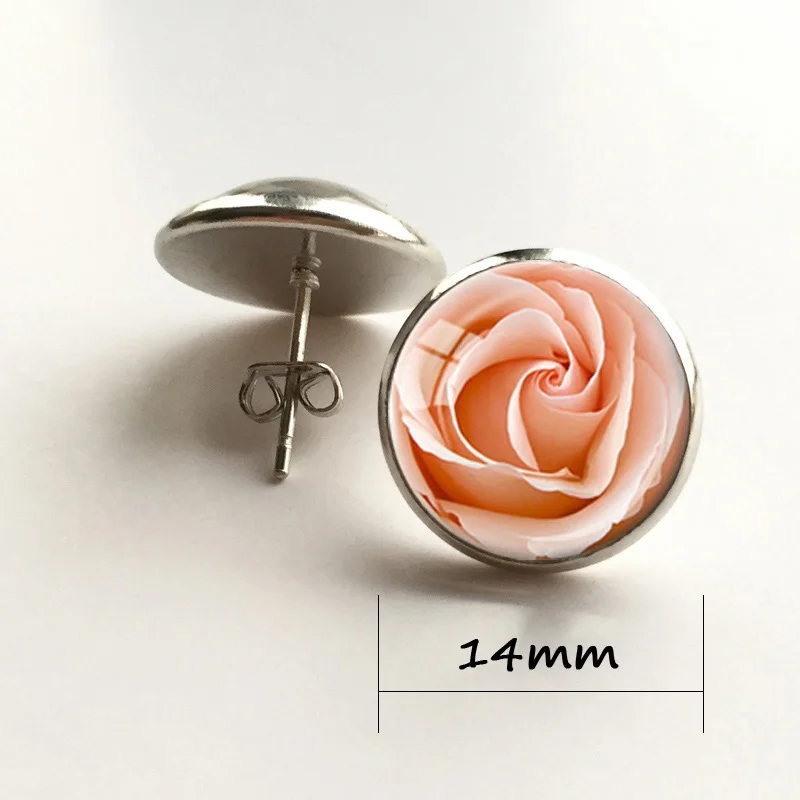 Розовая роза цветок серьги жизни сережка стеклянный купол уха кулон