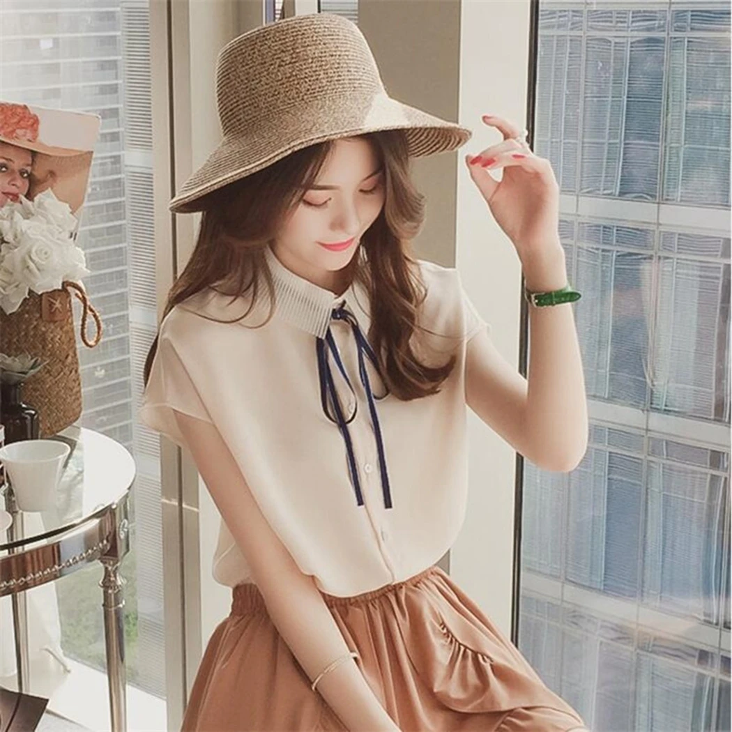 Женская шифоновая блузка в Корейском стиле с кружевным галстуком бабочкой