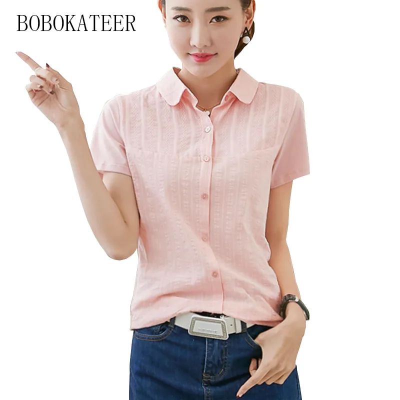 

BOBOKATEER plus size white striped embroidery shirt summer loose short sleeve v-neck top women tops blusas feminina ver o 2020