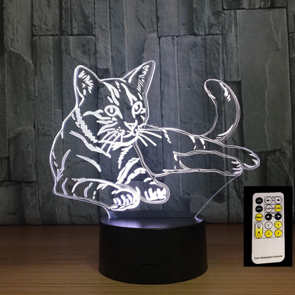 Пульт дистанционного управления лежащий Кот 7 цветов 3D светодиодный ночник USB 3AA
