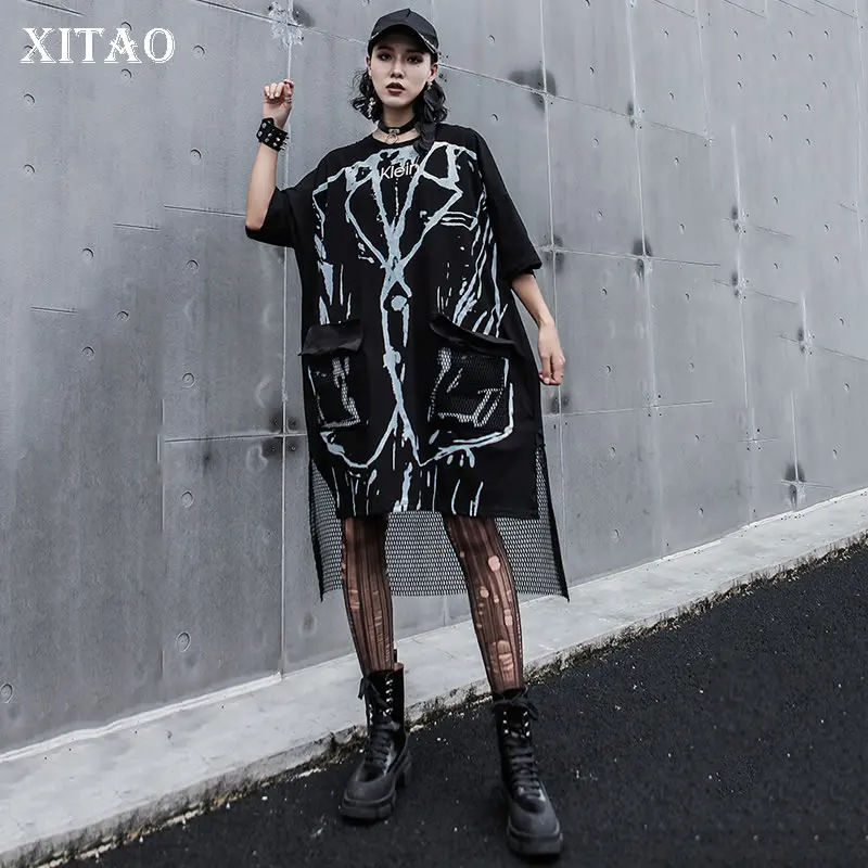 XITAO Сетчатое миди с ассиметричным низом платье женская одежда 2019 пуловер принт