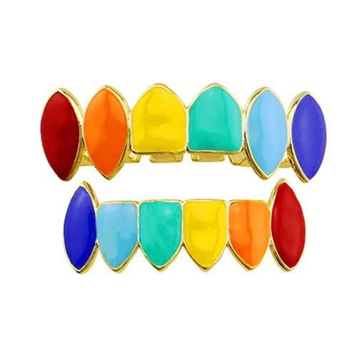 Silver Sets Хип-хоп ЗУБЫ Grillz Радуга гриль верхние и нижние грили зубные Зубы вампира колпачки Хэллоуин косплей зубы вечерние украшения для тела подарок - Окраска металла: Silver Sets