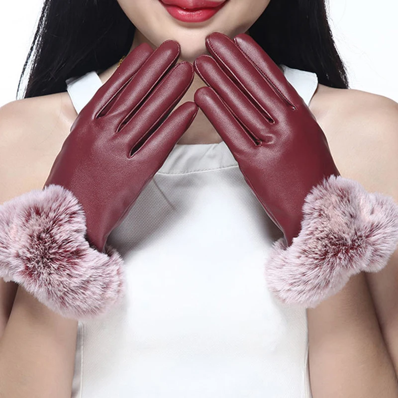 

2019 Women Winter Fashion Plus Velvet Leather Gloves Hot Sale Thickening Touch-screen Imitation Rabbit Wool Warm Leather Gloves