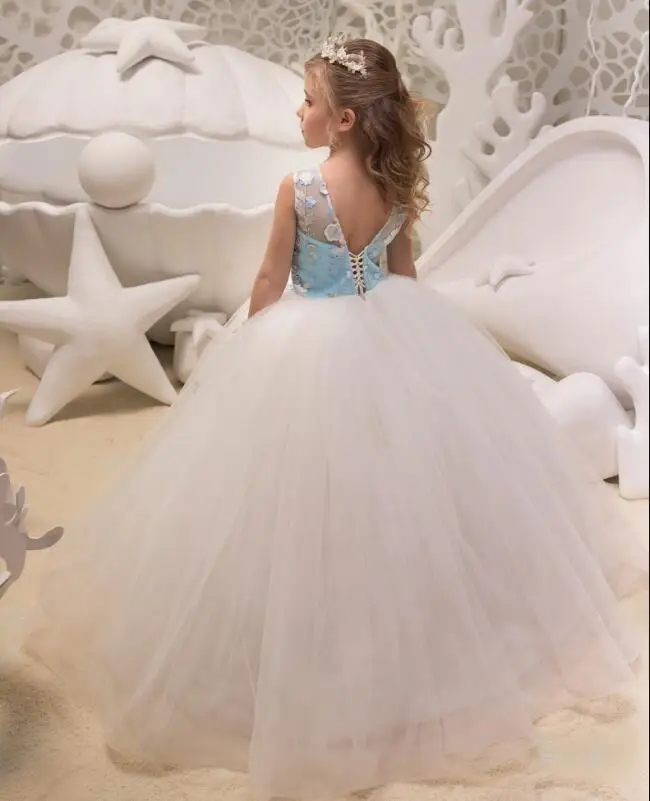 2018 Небесно-Голубые Платья с цветочным узором для девочек бальное платье