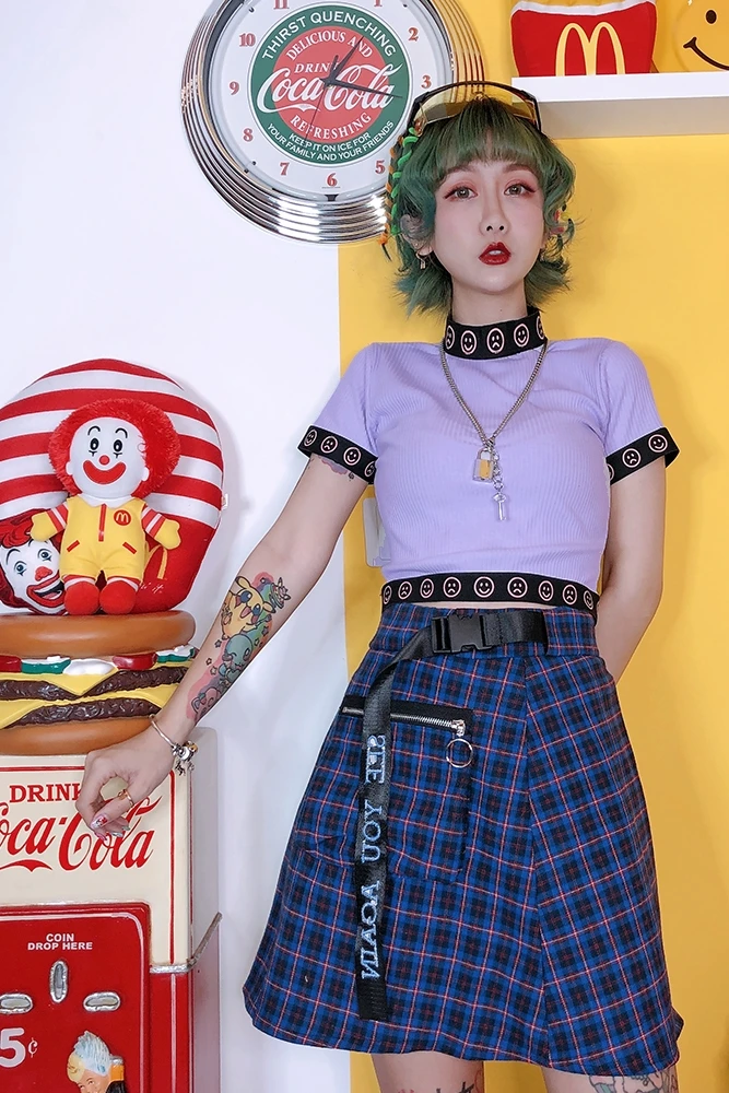 Harajuku/фиолетовый топ со смайликом для девочек, тонкий короткий воротник, тонкая футболка