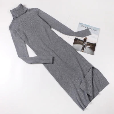 Quality Long Dresses For Women Autumn Winter Spring High Collar long-sleeved Vestidos Fashion Slit Dress Office Lady D206 - Цвет: D00206 gray