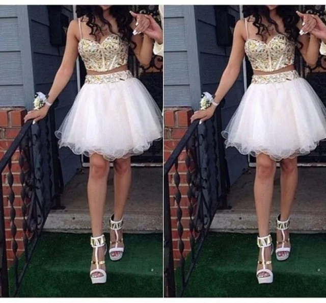 

Gold Crystal White Two Pieces Homecoming Dresses 2020 Real Pictures Sexy Spaghetti Straps Short Organza Custom Party Gowns