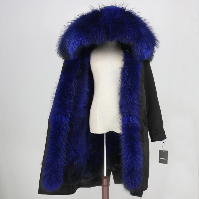 black blue Верхняя одежда из водонепроницаемой ткани OFTBUY, длинная парка, зимняя куртка, женская шуба из натурального Лисьего меха, воротник из натурального меха енота, капюшон, уличная одежда - Цвет: black blue