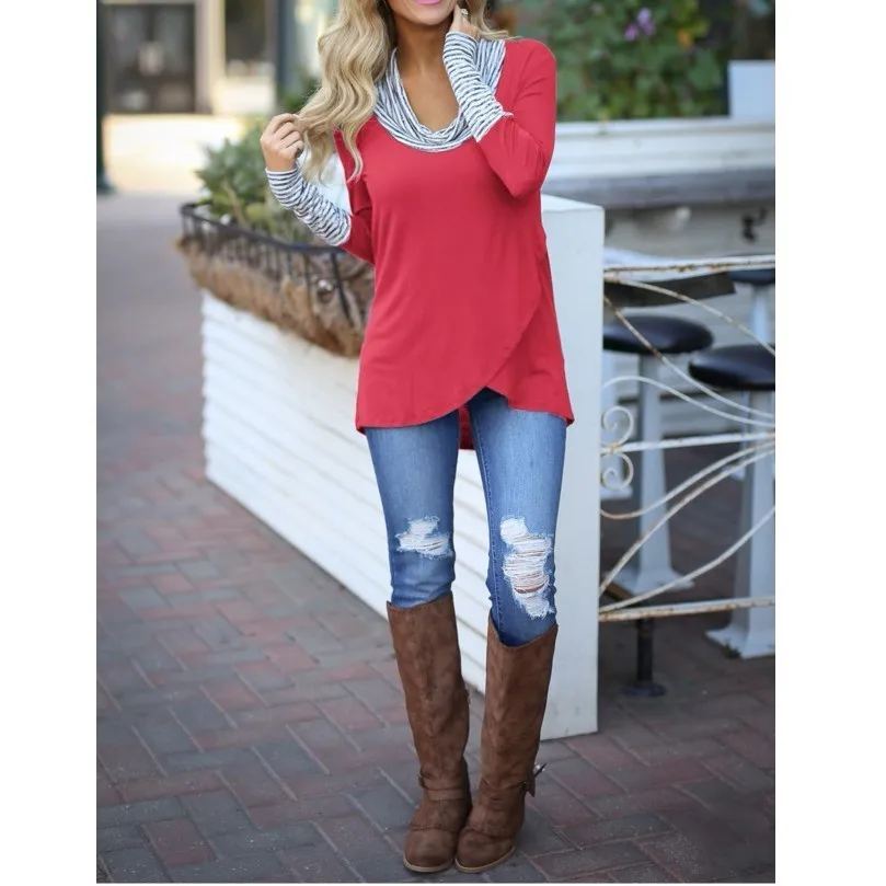 Осенняя футболка в полоску с высоким воротом женская длинным рукавом синяя