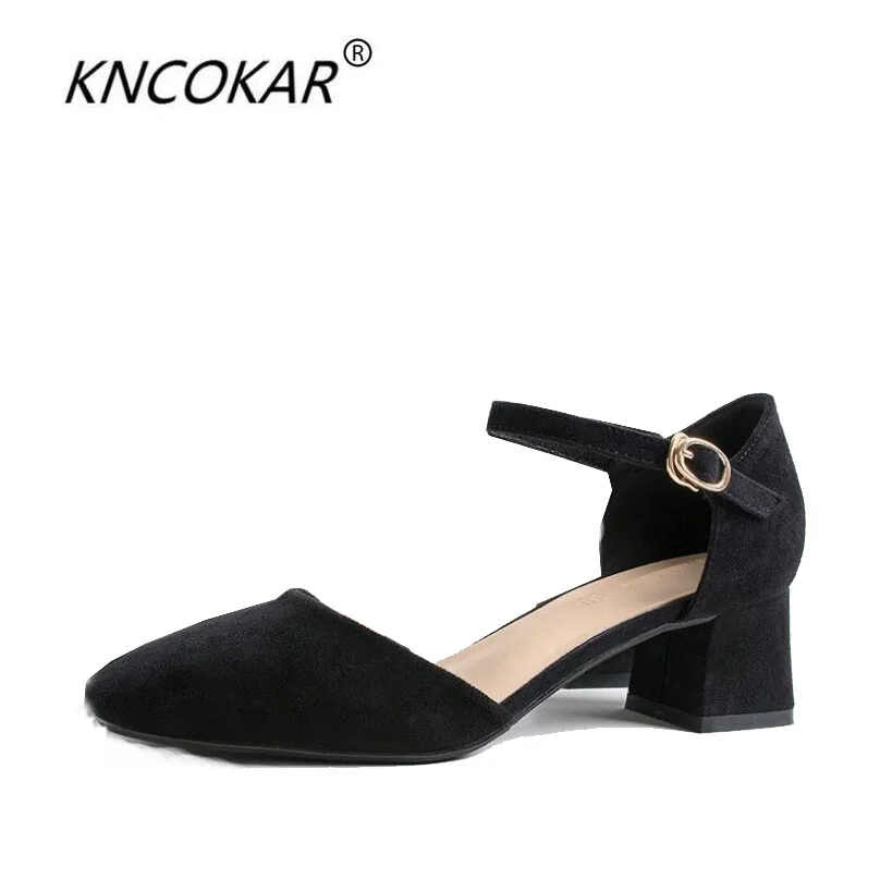 

KNCOKAR Spring new style ladies fashion comfort small fresh hollow shallow mouth thick with a word buckle high heels