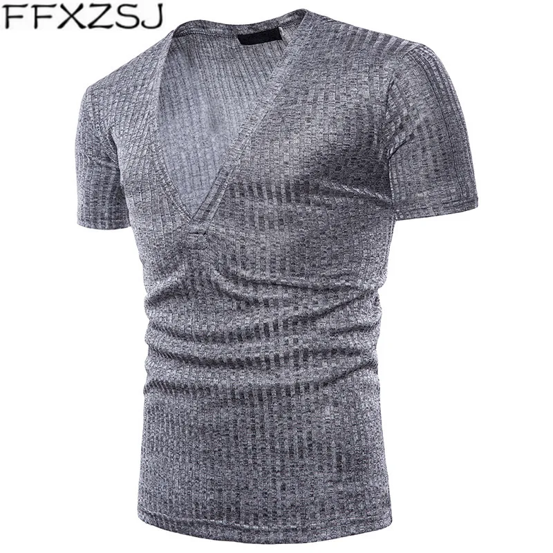 

FFXZSJ 2019 Summer New Fashion Loose Short Sleeve T shirts Men Big V-Neck Solid Men's Tee Shirt Fitness Casual Tops T-shirts