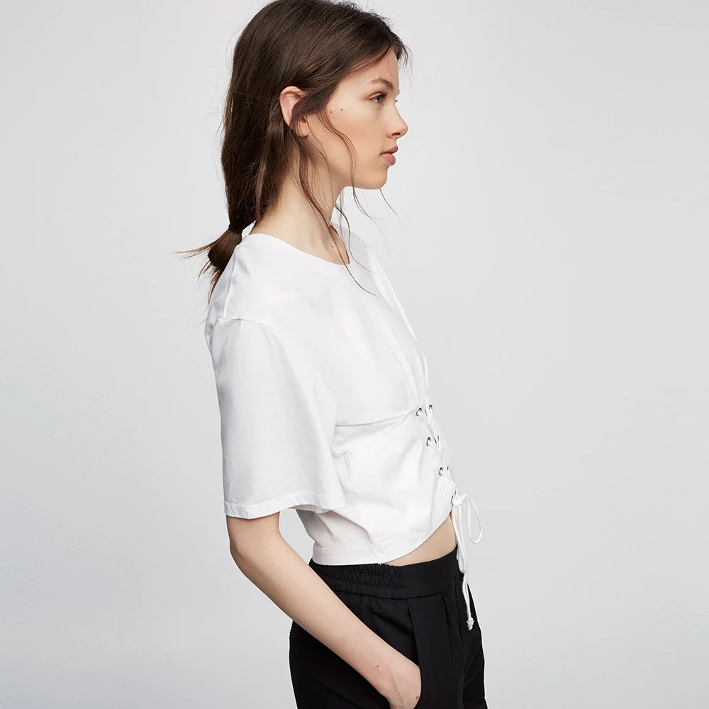 Sheinnet 2017 Solid White Brief Women T-Shirt Lace Up Preppy Chic Crop Tops O-Neck Casual Loose Female Summer Top Tees | Женская одежда