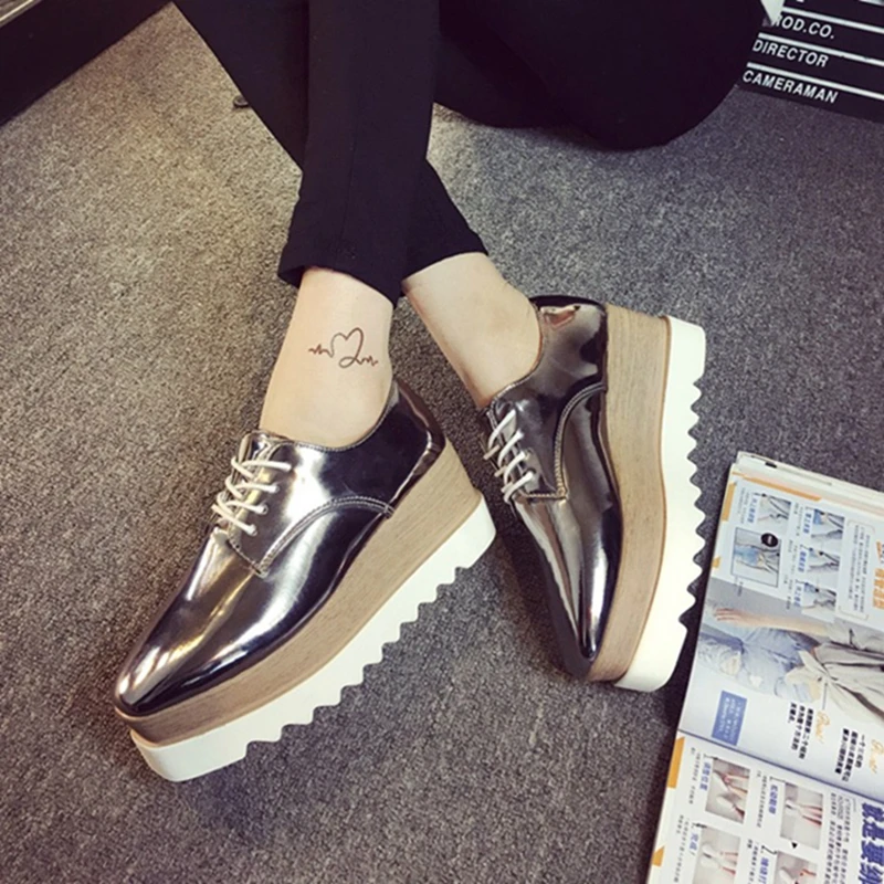 COOTELILI 35-39 Spring Casual Solid Flat Women Shoes Patent Leather Lace-Up Loafers Flat Platforms British Style Ladies Oxfords