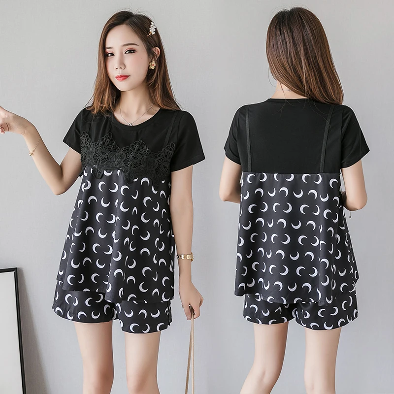 Pregnant Woman Summer Fashion Clothes Set Short Sleeve O-neck Cotton Patchwork Chiffon Floral Shirts+Belly Shorts Twinset Suits | Мать и