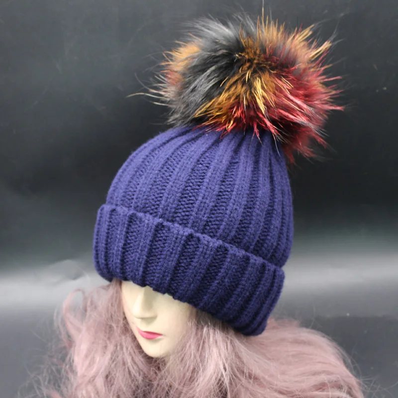 Шапка с помпоном из натурального меха 2019 плотная вязаная шапка большим енота