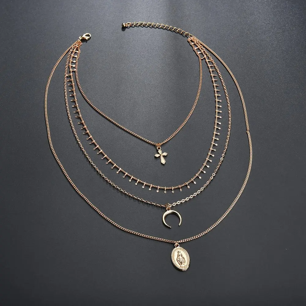 2019 NEW gold color sexy clavicle chain 4 layers tassel Moon Cross Jesus pendant statement Chokers Necklace women | Украшения и