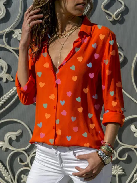 Orange Женские топы Blusa, новые женские рубашки с v-образным вырезом и принтом в виде сердца, весенне-летняя Нижняя блузка размера плюс 3XL, белые и синие женские блузки - Цвет: Orange