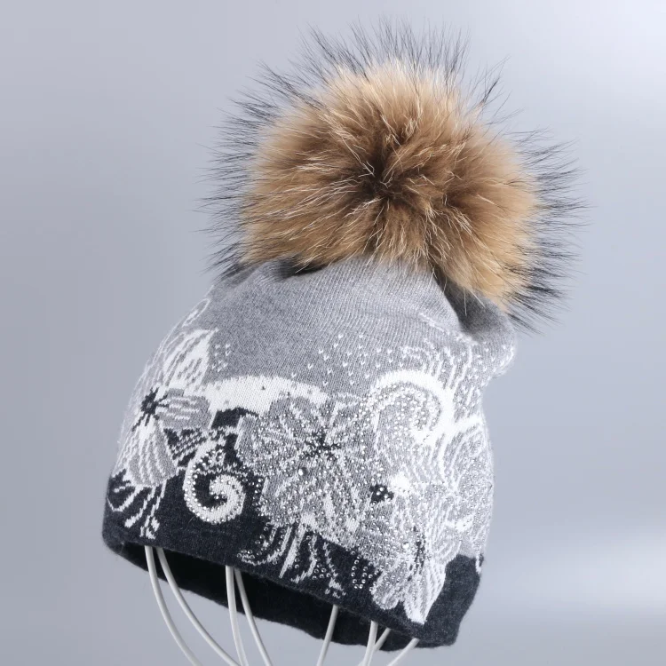 Mink Pompom Новые женские кашемировые зимние шапки с натуральным лисьим мехом, шапка с меховым помпоном с цветочным рисунком, теплая Толстая шерстяная брендовая зимняя шапка из меха норки, новинка - Цвет: Mink Pompom