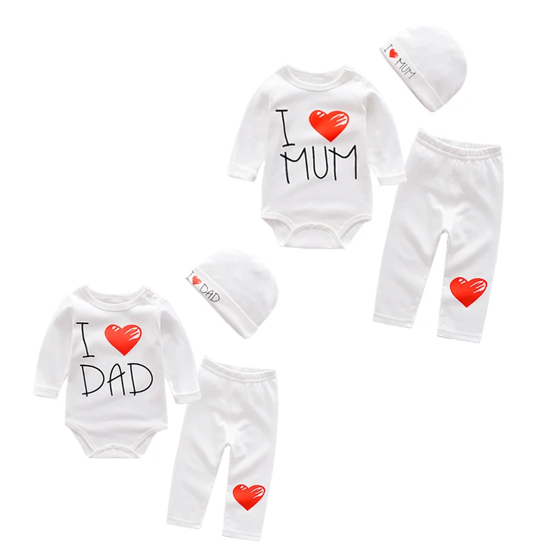 Комплекты одежды для малышей с надписью «Love mam& papa», хлопковый комплект одежды для мальчиков, костюм для новорожденных девочек, 3 предмета, боди с длинными рукавами+ штаны+ шапочка