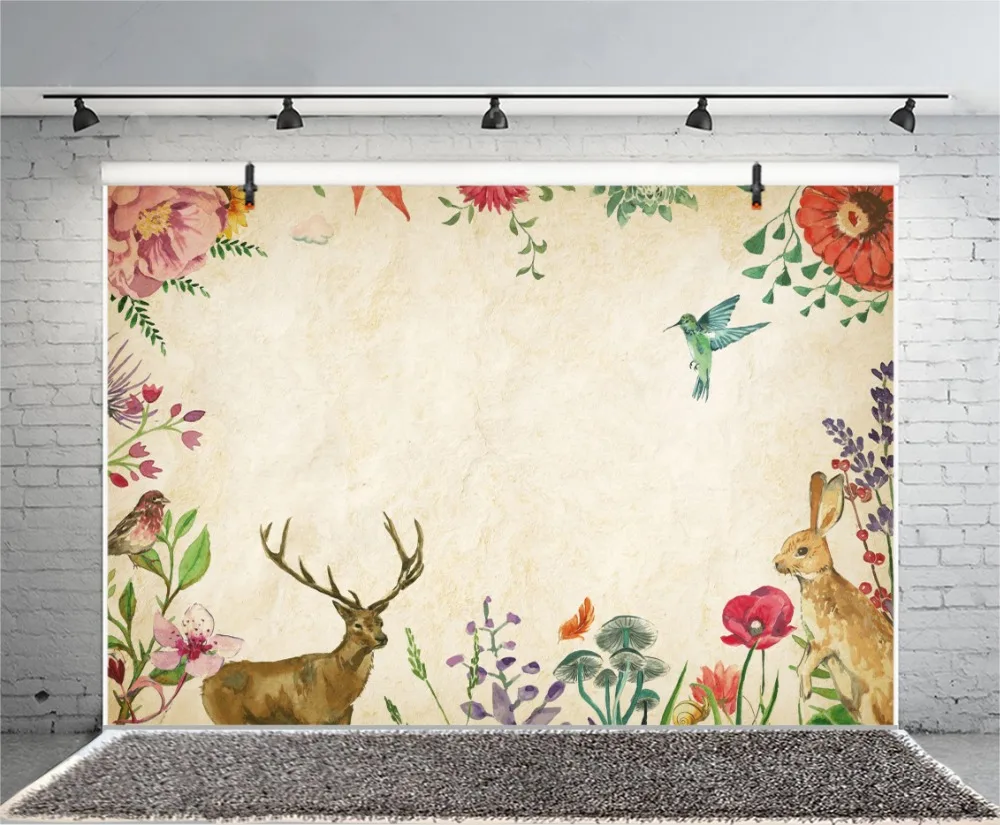 Laeacco Flowers Deer Rabbit Bird Painting Baby Newborn Photography Background Customized Photographic Backdrops For Photo Studio