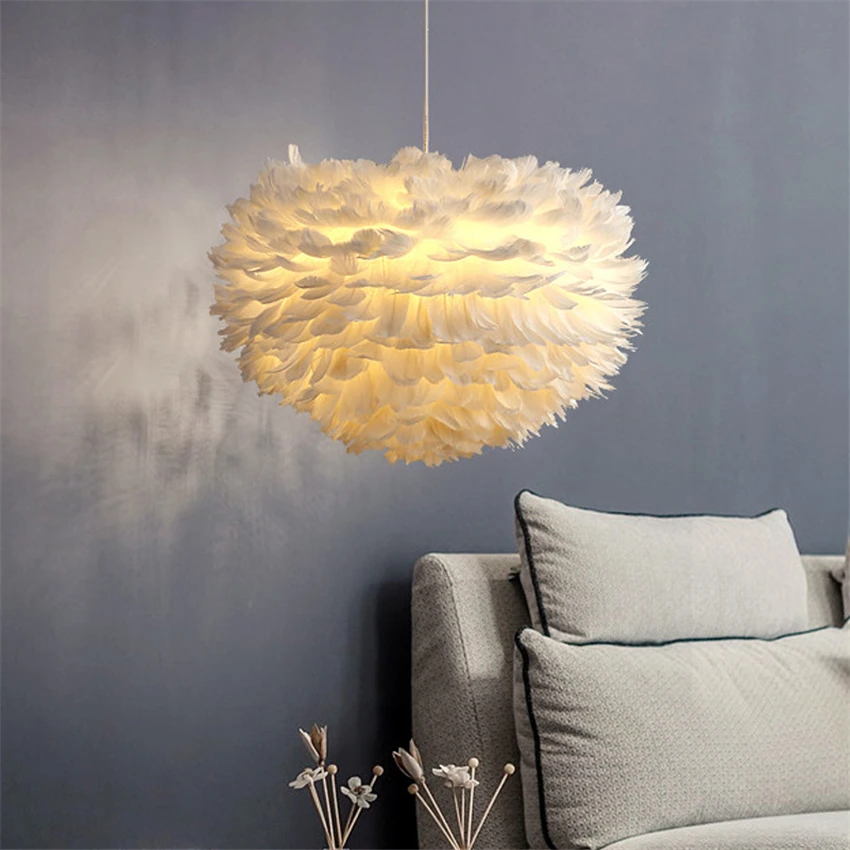Nordic White Feather Pendant Lights Princess Room Girl Bedroom Living Study Hanging Lamps Modern Children De Fixtures | Лампы и
