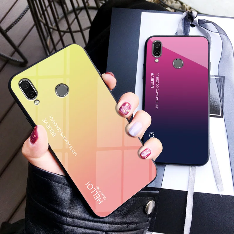 Tempered Glass Case for Xiaomi Redmi Note 7 Shockproof Colorful Gradient Soft Silicone Cover |