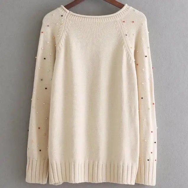 2018 autumn Women Sweater Pearl Beading long Sleeves Sweaters o-neck loose Knit Pullovers sweater | Женская одежда