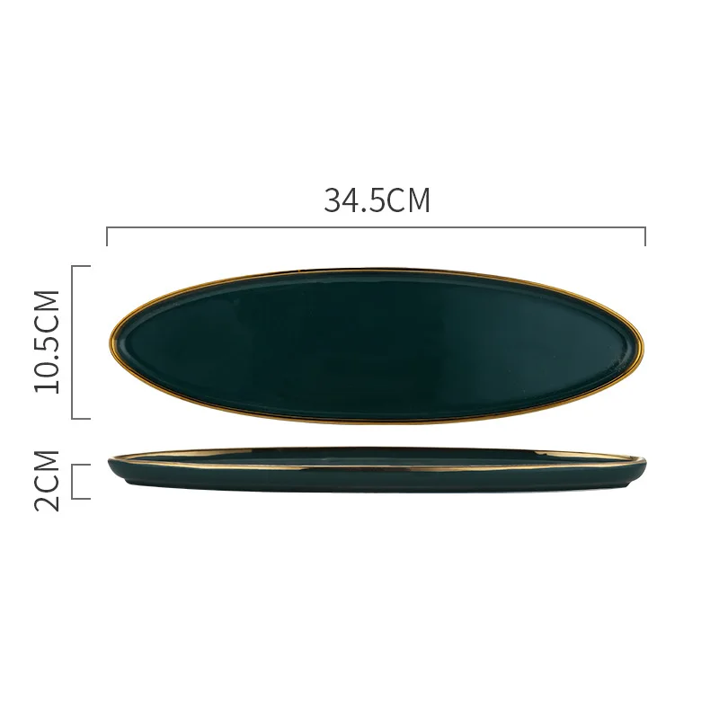 10.5X34.5X2CM Посуда зеленый керамический столовый сервиз Золотая инкрустация фарфоровая десертная тарелка стейк закуски торт тарелка салат суп рисовая миска - Цвет: 10.5X34.5X2CM