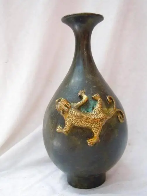 Китай бронза позолота резные красивый геккон мальчиков бамбуковые Вазы