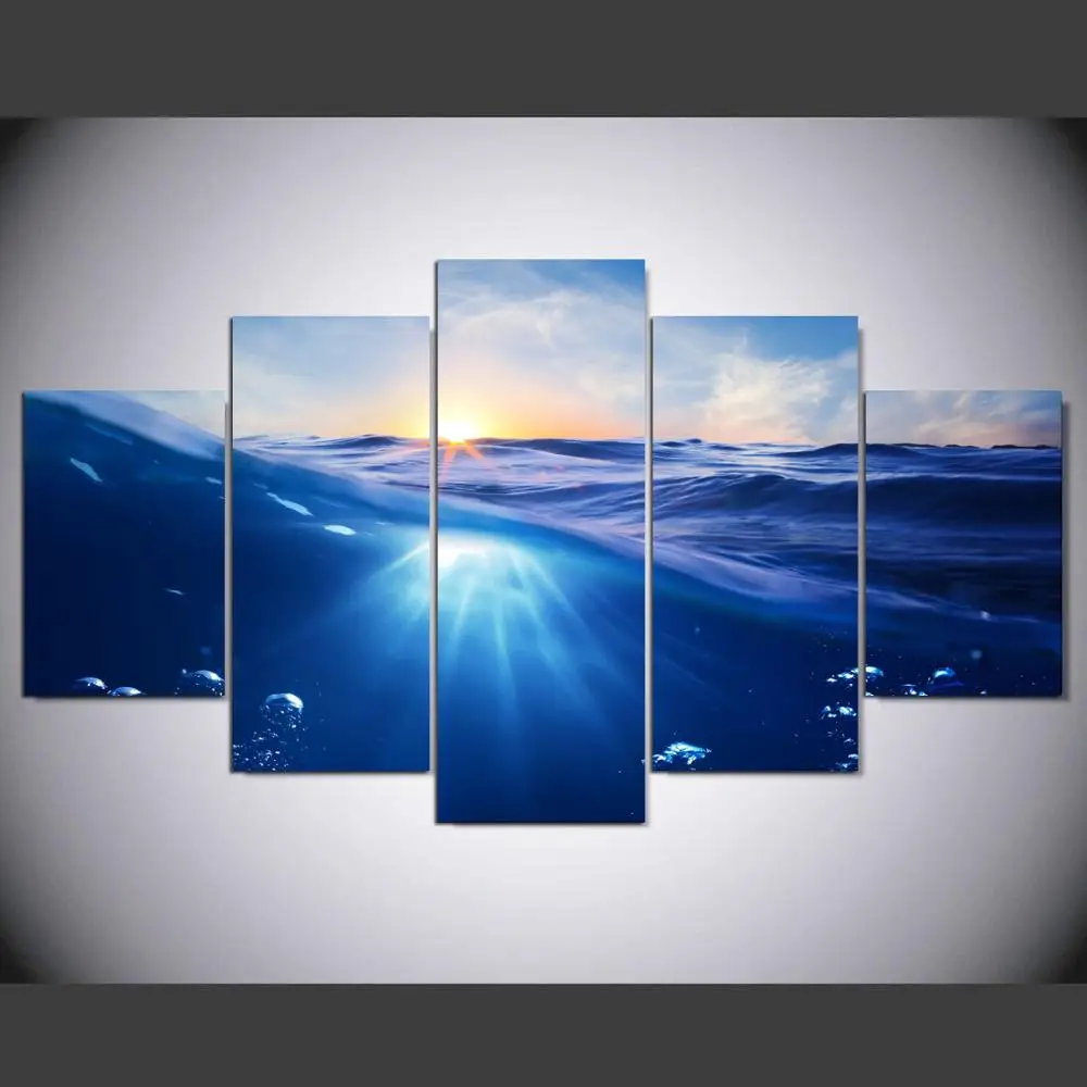 5 панелей картина восход солнца синее море Картина на холсте морской пейзаж для