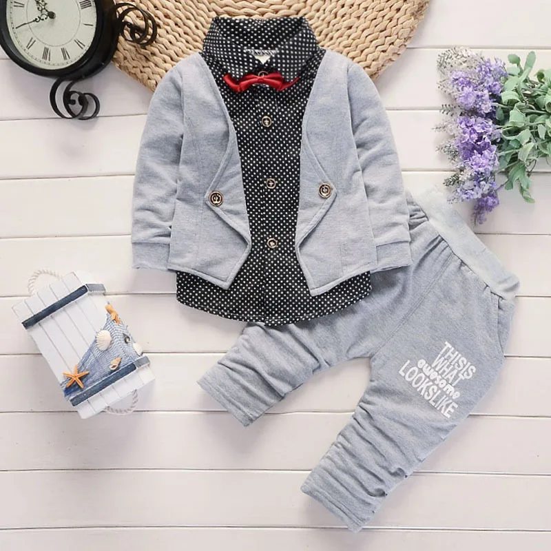 2019 Boys Spring Two Fake Clothing Sets Kids Button Letter Bow Suit Children Jacket + Pants 2 pcs Set Baby | Детская одежда и